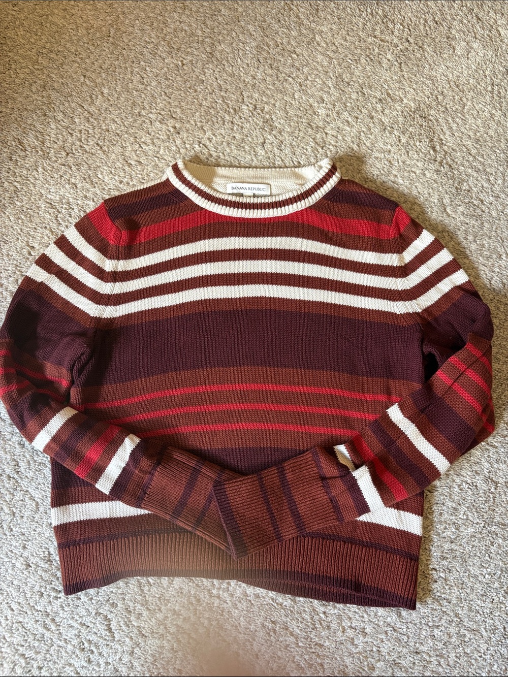 Banana Republic Striped Crewneck Sweater - Burgundy, Red & Cream